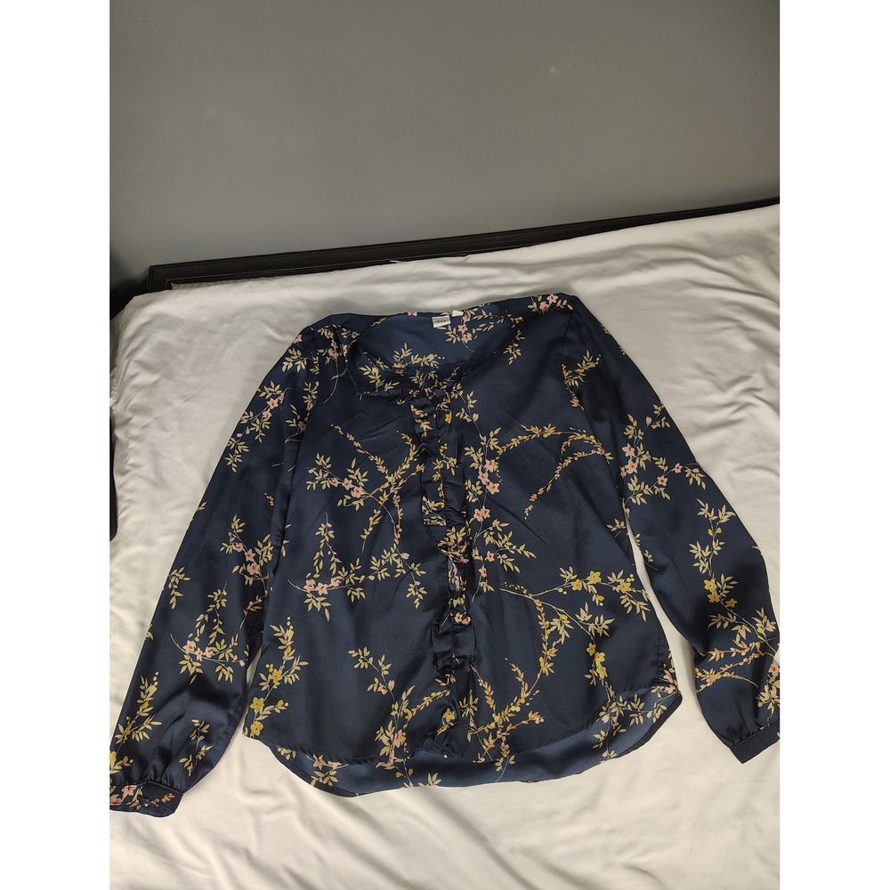 Gap Womens Navy Blue Floral Ruffle Front Long‎ Sleeve Blouse Size M 1166